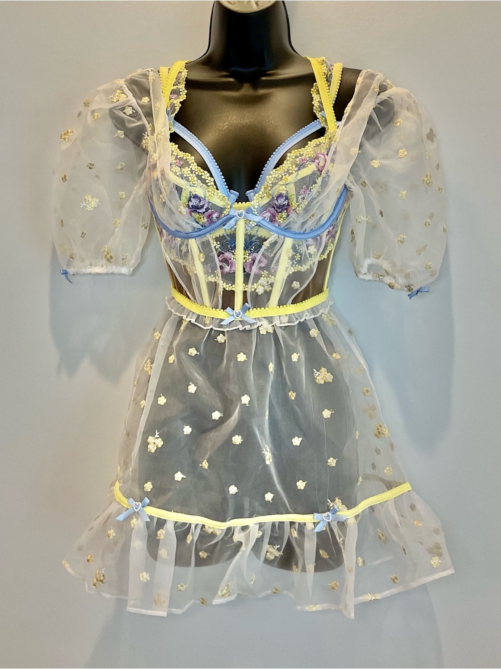 For Love & Lemons Embroidered Sheer Babydoll Lingerie Dress & Bra (mixed sizes)